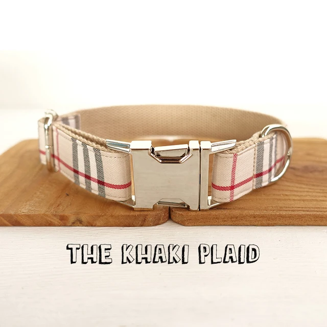 Unique Personalized Pet ID Collar Fancy Dog Collar with Silver Metal Buckle Small Medium Large Dog Breed THE KHAKI PLAID Style