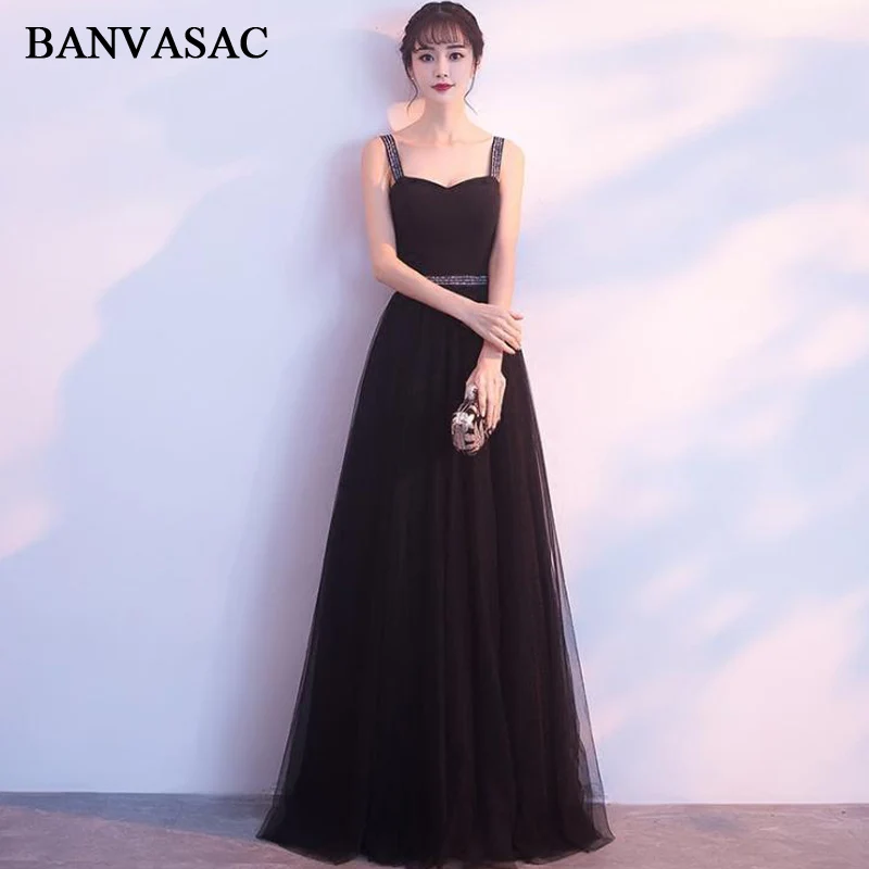 

BANVASAC 2018 Sweetheart Crystal Sash Long Evening Dresses Party A Line Spaghetti Strap Tulle Backless Prom Gowns