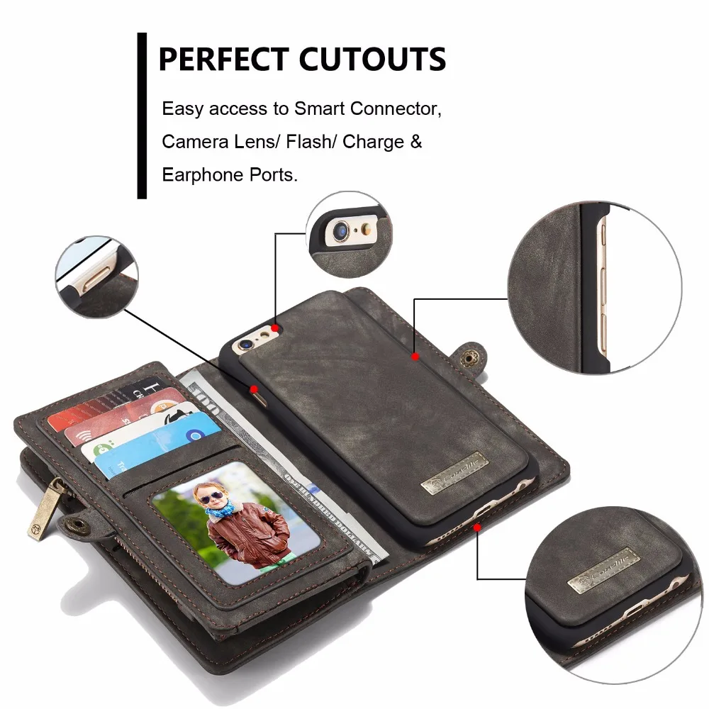 Чехол-бумажник из натуральной кожи с откидной крышкой для iPhone 6/6s, дизайн 2 в 1 со съемной магнитной подставкой для телефона, Доступно 4 цвета