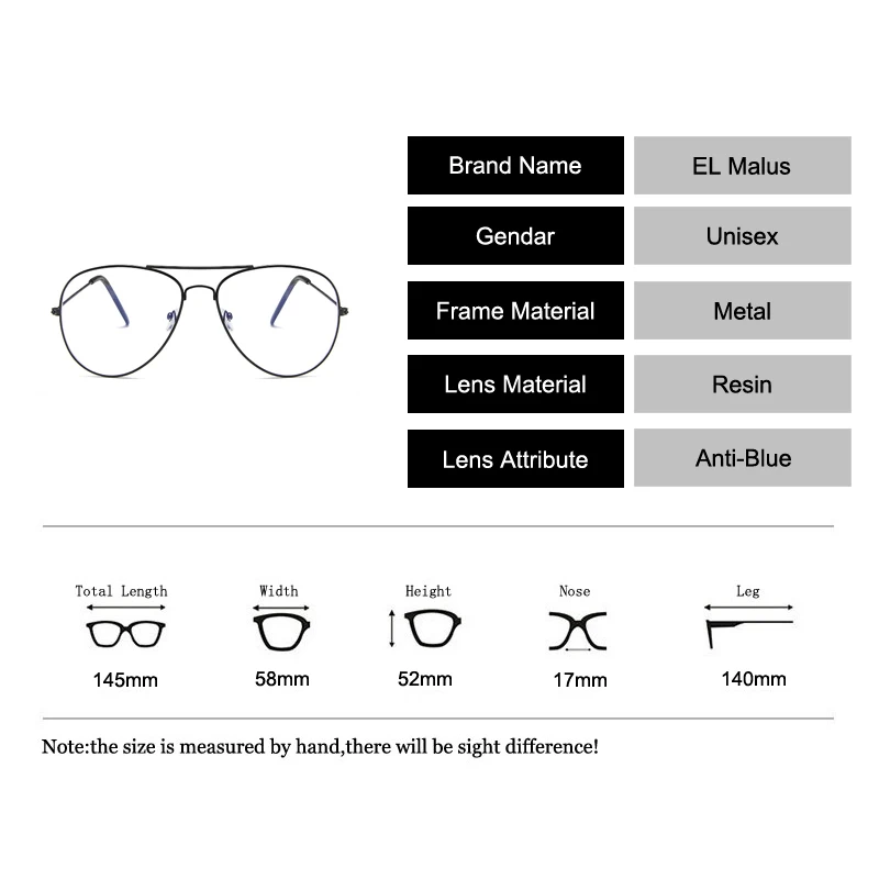 [EL Malus]Retro Mens Women Eyeglasses Brand Designer Metal Pilot Frame Anti-Blue Optical Clear Lens Glasses Unisex Eyewear