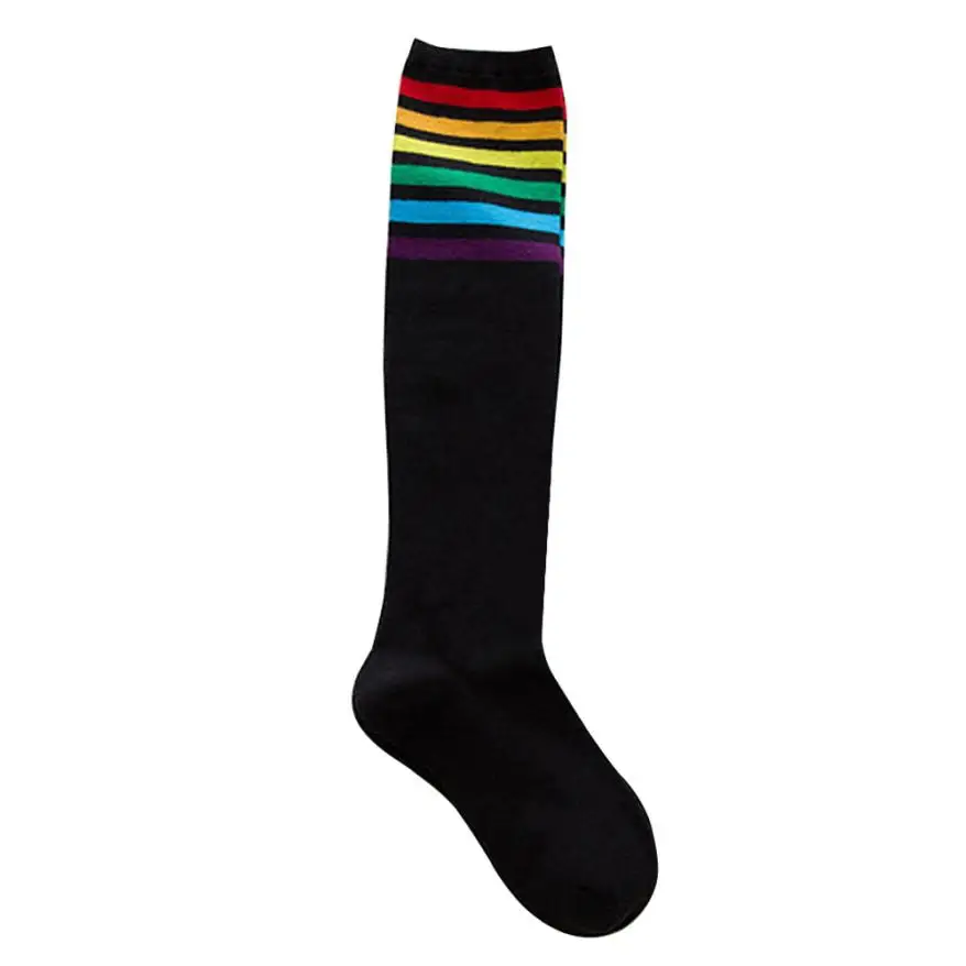 

1Pair Thigh High Socks Over Knee Rainbow Stripe Girls Socks Black White 17Nov3