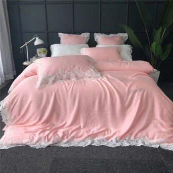 

New Princess style pink green lace duvet cover set Silk floss bedding sets twin queen king size girls kids bedding sets 4pieces