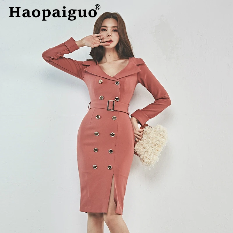 

2019 Autumn Winter Office Dress for Women with Sashes Double Button Sheath Bodycon OL Work Dress Women Solid Robe Longue Elbise