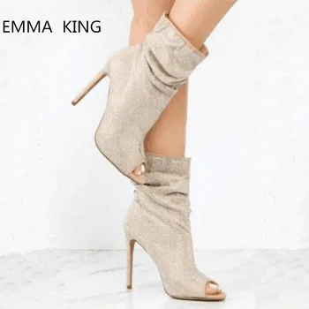 

2019 Fashion Pleated Ankle Boots for Women Short Shoes Open Toe Stiletto Heels Shoes Zapatos De Mujer Ladies High Heels Booties