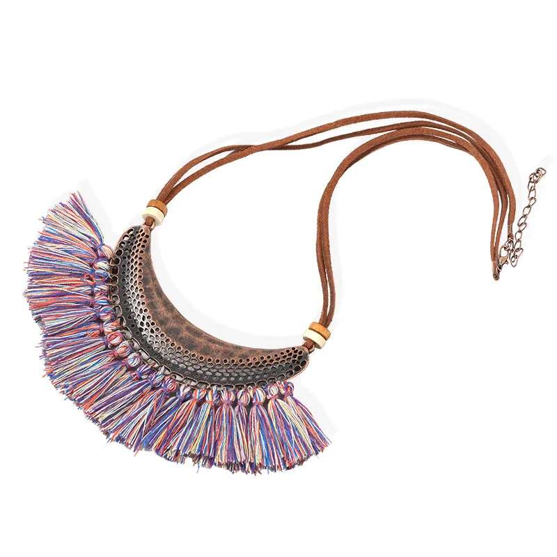 21 цвет винтажный богемский этнический кисточкой ожерелье для женщин кожаная веревка массивное ожерелье с подвеской в стиле бохо ювелирные изделия аксессуары - Окраска металла: mix purple