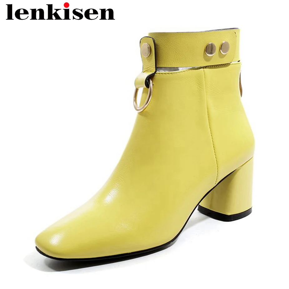 

Lenkisen european style metal decoration square toe zipper natural leather thick high heels large size woman ankle boots L02