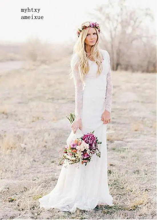 

Sexy Cheap Lace Vestido De Noiva 2019 Wedding Dresses Mermaid V-neck Long Sleeves Beach Boho Wedding Gown Bridal Robe De Mariee