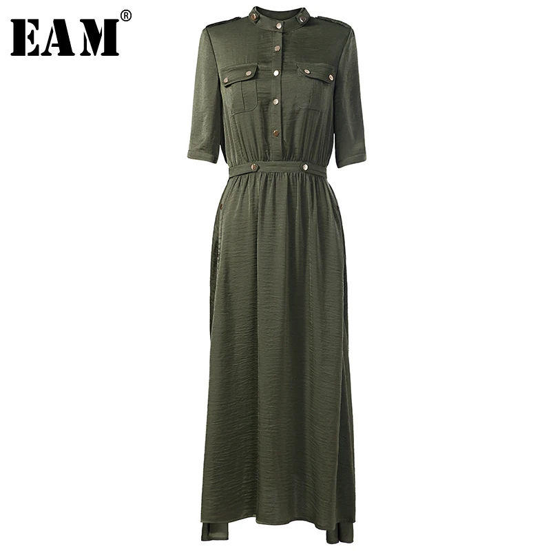 [EAM] 2018 New Summer Fashion Tide Army Green Stand Collar Short Sleeve Single Button Pockets Draped Woman Dress S547