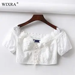 Wixra Для женщин летние футболки с вырезом лодочкой короткие футболки шнуровке выдалбливают футболка для Для женщин Высокое качество топы