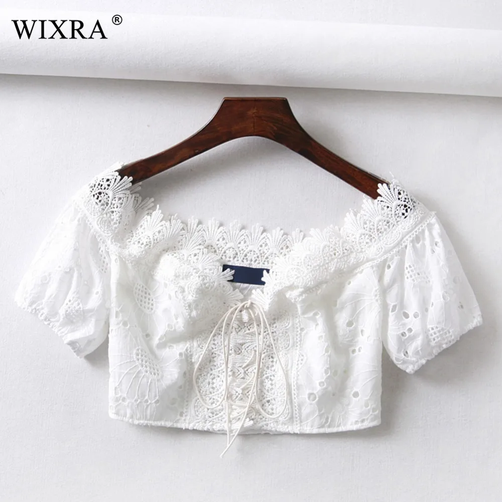 

Wixra Women Tee Summer Slash Neck Short T-Shirts Solid Lace up Hollow Out T-shirt for Women High Quality Tops Womens Clothing