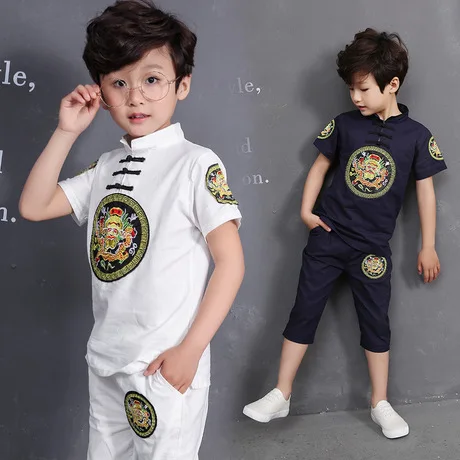 Детские комплекты Одежда для мальчиков детская одежда Летний костюм с короткими рукавами комплект для мальчиков в китайском стиле, комплект из двух предметов, vetement enfant garcon