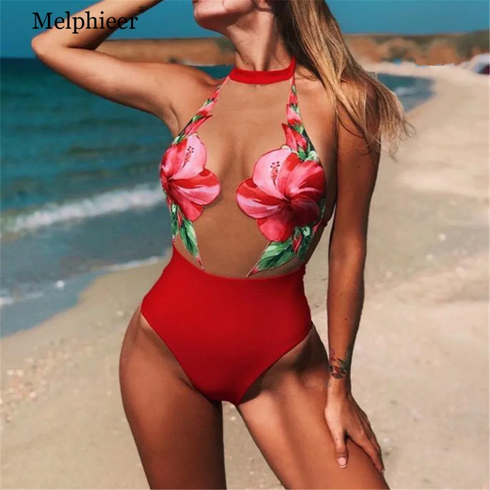 

Women's Red One-Piece Swimsuit New Mesh Swimwear 2019 Perspective Stitching Bathing Suit Monokini Bather Pads Push Up Bodysuit
