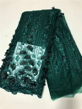 

2019 New style French net lace fabric 3D flower beads African tulle mesh lace fabric high quality african lace fabric green