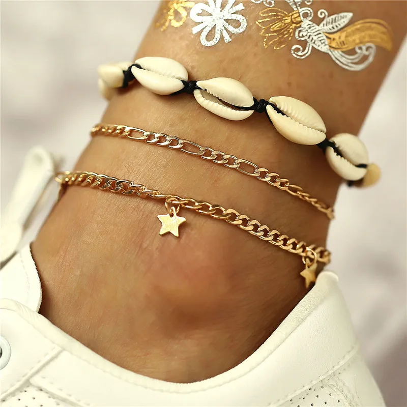 Богемский Синий Кристалл бусины камень Морская звезда ножные браслеты для женщин плетение веревочный браслет на ногу оболочки очаровательные браслеты на ноги Пляж ювелирные изделия - Окраска металла: FZHH0274A0701
