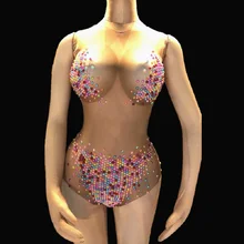 Блестящий купальник со стразами, цельный сексуальный костюм диджей певича, для ночного клуба, для танцев, камни, обтягивающий облегающий Костюм Стретч DNV10291