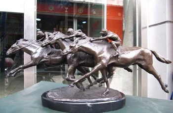 

9 Signed Pure Copper Bronze & Marble Three horse race compete art Statue