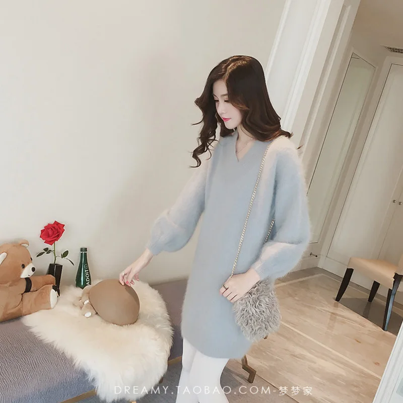 2019 Autumn Winter Women Cashmere Long Sweaters Pullovers V-neck Sweaters Dress Female Elegant Casual Pullovers Warm Fur Sweater