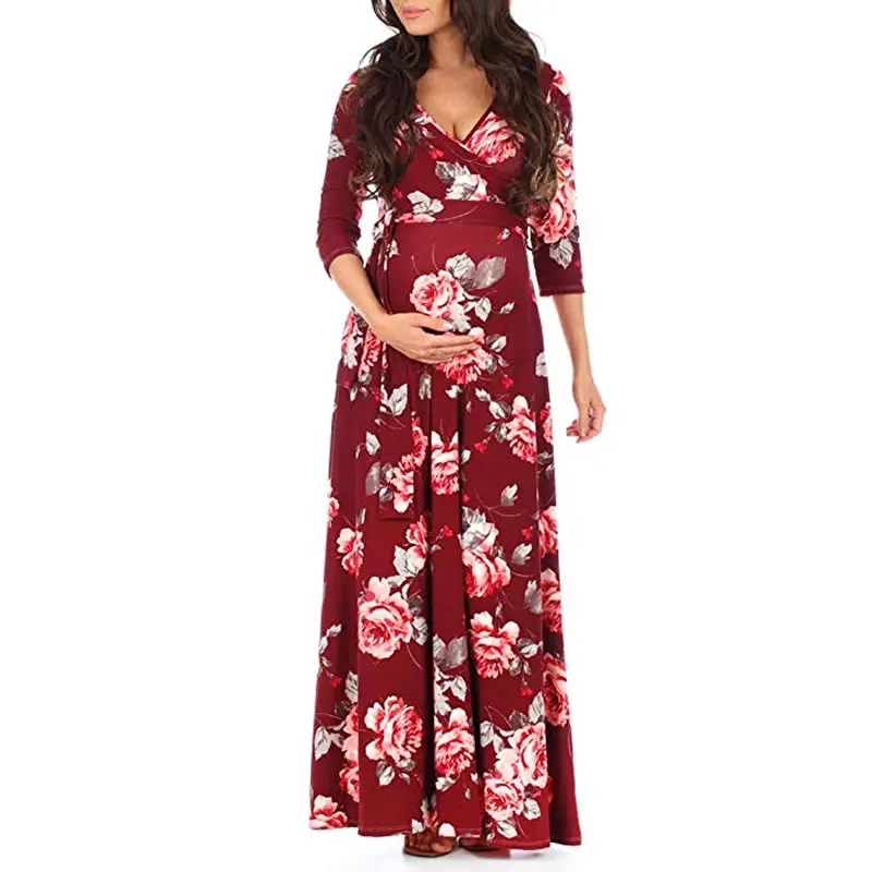 Длинное платье для беременных с цветочным принтом и регулируемым поясом, элегантное платье для беременных, vestido ajustado embarazo
