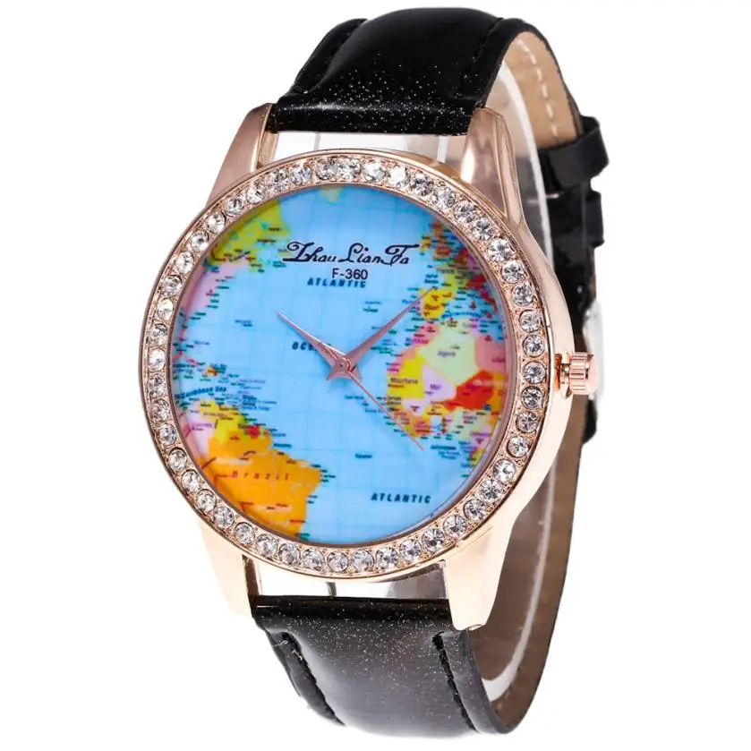 

brand watch women luxury watch unisex World Map Quartz Leather Analog Wrist Watch Round Case Watch men clock dress ladies
