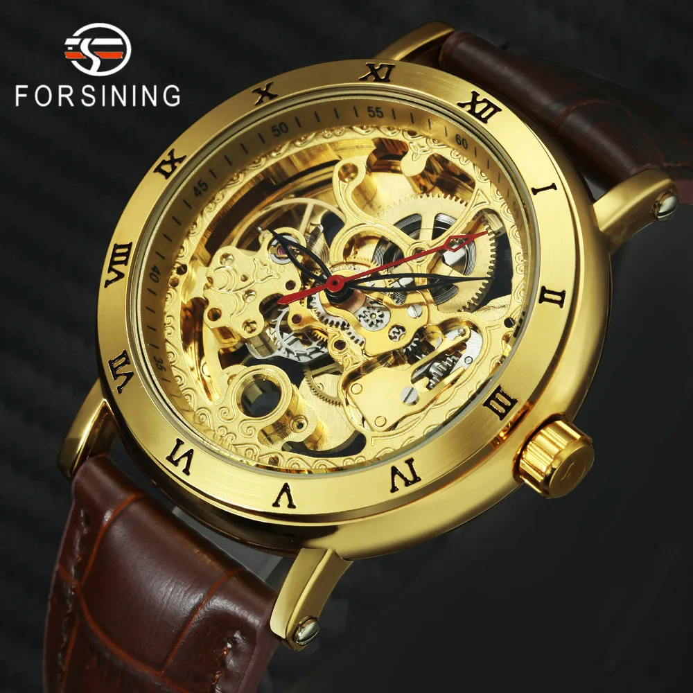 

FORSINING Top Brand Luxury Automatic Mechanical Watch Men Genuine Leather Strap Golden Skeleton Fashion Dress Wristwatch Men