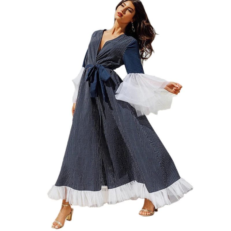 SHEIN контрастное Сетчатое платье-хиджаб Maxi с вырезом в полоску с поясом темно-синее элегантное платье с глубоким v-образным вырезом и длинным рукавом женское длинное платье