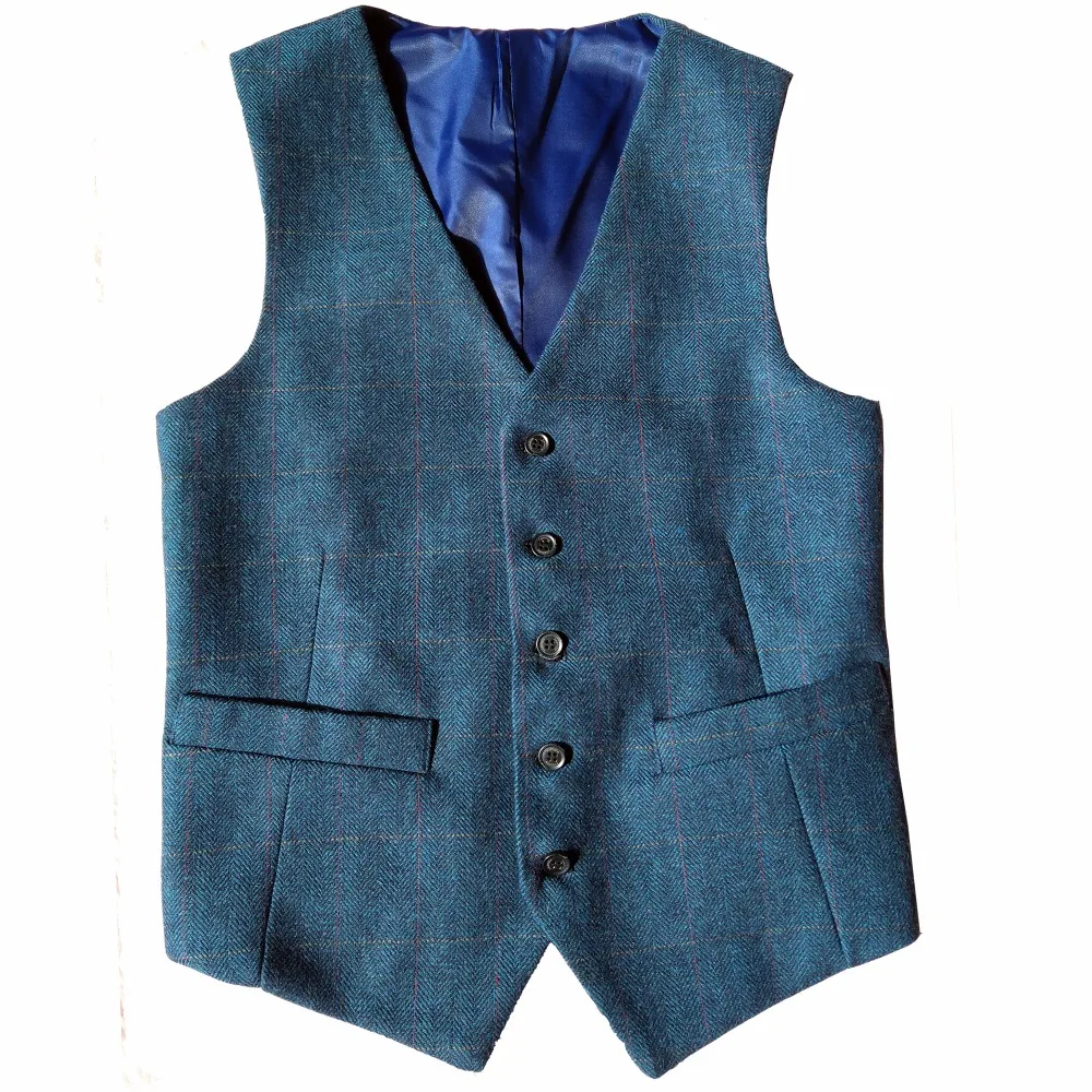 2018 Vintage Blue Checked Tweed Vest Mens Suit Vest Slim Groom's Wear