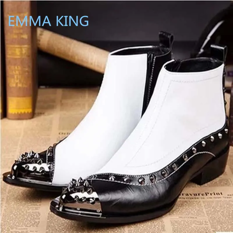 

Men Luxury Rivets Designer Shoes Pointed Toe Zipper Ankle Boots Autumn Winter Mixed Color Party Weeding Shoes Man Knight Booots