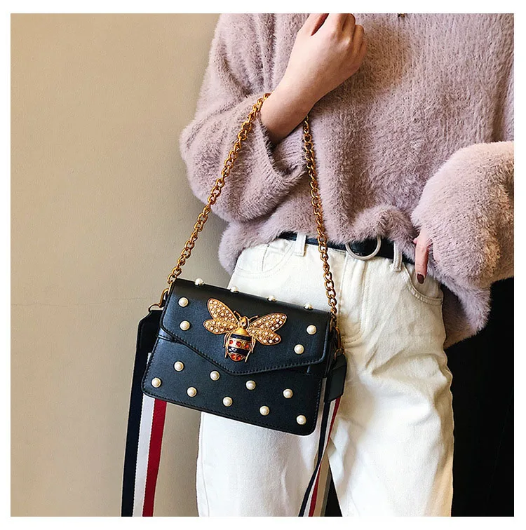 Women's Pearl Bee Leather Handbags Crossbody Bags for Women 2018 Italian Style Luxury Chain Clutch Designer Female Shoulder Bag (13)