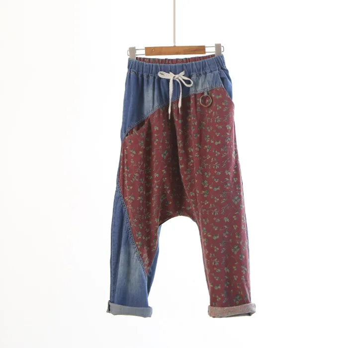 

Women Retro Spring Summer New Spliced flower Jeans Denim Trousers Spliced Elastic Waist Female 2017 Casual Denim Pants