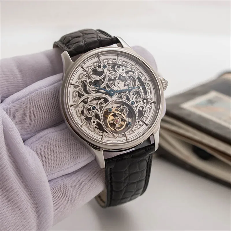 Полностью скелетные полые механические часы Мужские Оригинальные ST8000K Tourbillon Мужские наручные часы с крокодиловым кожаным ремешком сапфировые часы