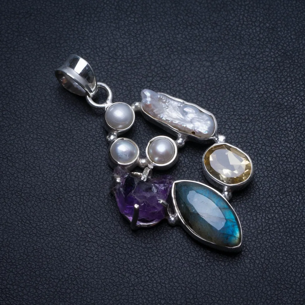

Labradorite,Rare Cluster Amethyst,Citrine,Biwa Pearl and River Pearl 925 Sterling Silver Pendant 2" T2876