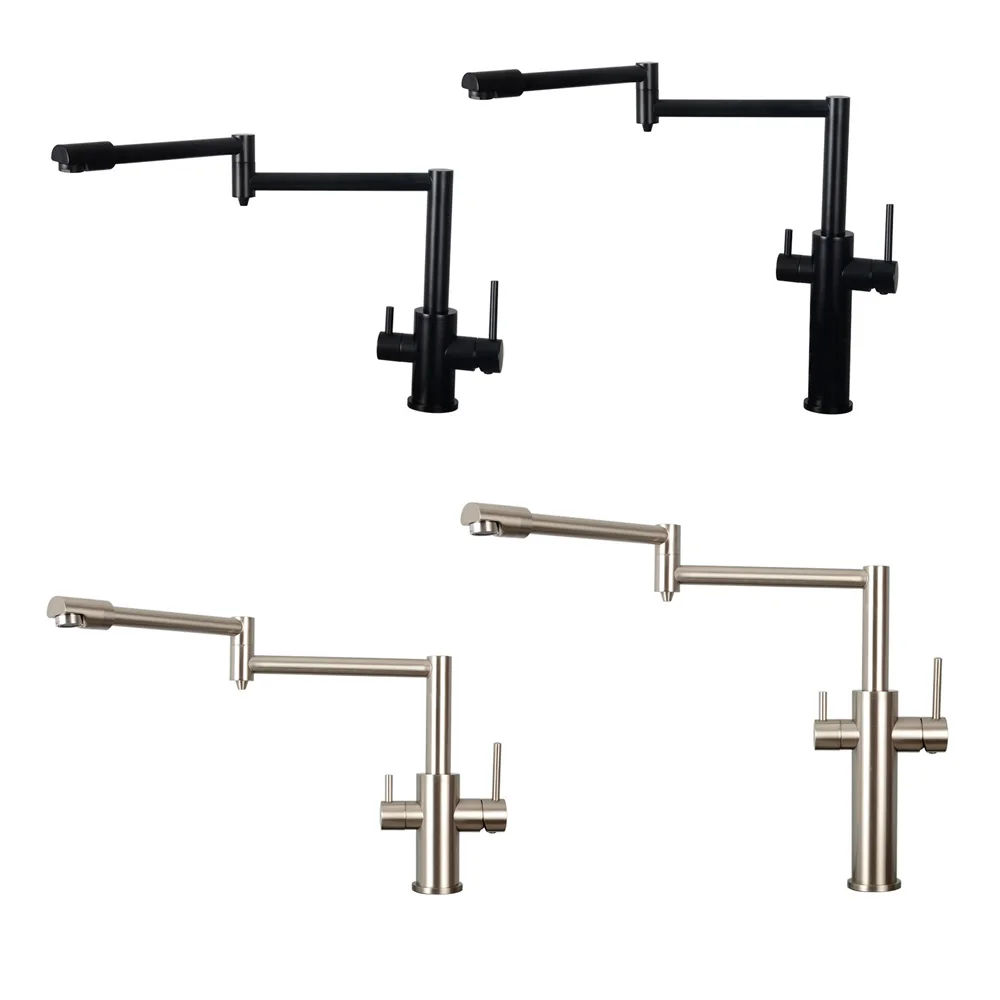 Double Function Kitchen Mixer Faucet With Drink Water Tap Brass Black Hot& Cold Water Tap Double Handles Sink Faucet