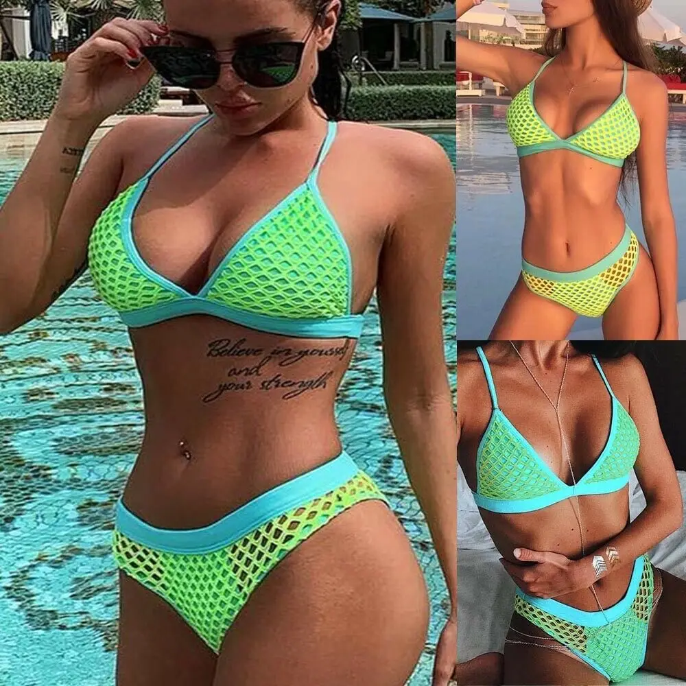 

2019 Newest Hot Triangle Swimwear Bathing Padded Bra Sexy Hollow Out Fish Net Mesh Bikini Set Swimsuit Women Bandage Push-up