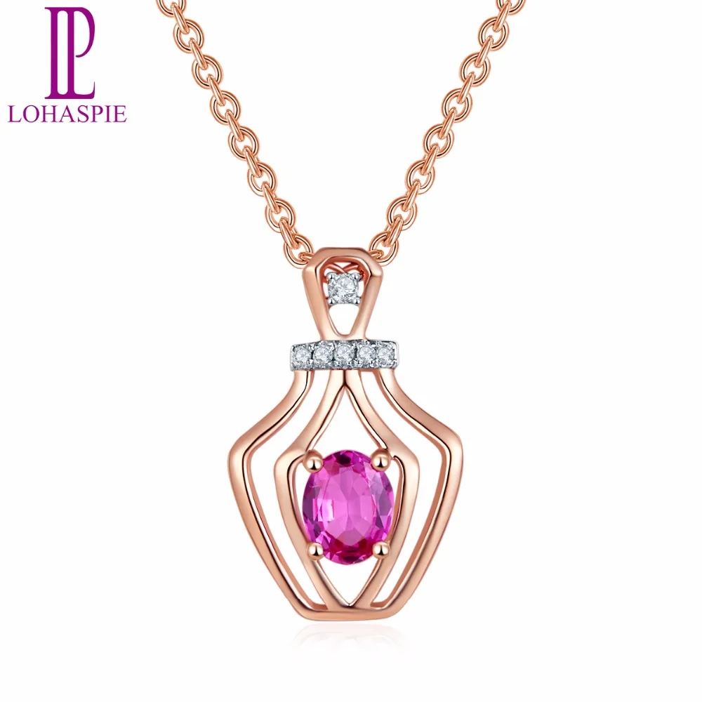 

LP Diamond-Jewelry Solid 18K Rose Gold Natural Gemstone Ruby Tiny Pendant For July Birthday Gift Fashion W/ Silver Chain