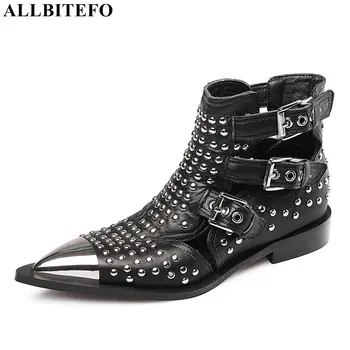 

ALLBITEFO fashion rivets genuine leather metal toe thick heel women boots high quality ankle boots for women leather boots