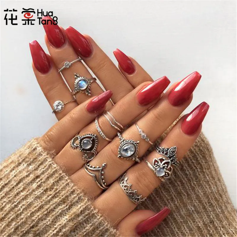 

HuaTang Bohemian Silver Ring Geometric Flower Crystal Rhinestone Rings Set Knuckle Anillos Anel Statement Ring Jewelry 2036