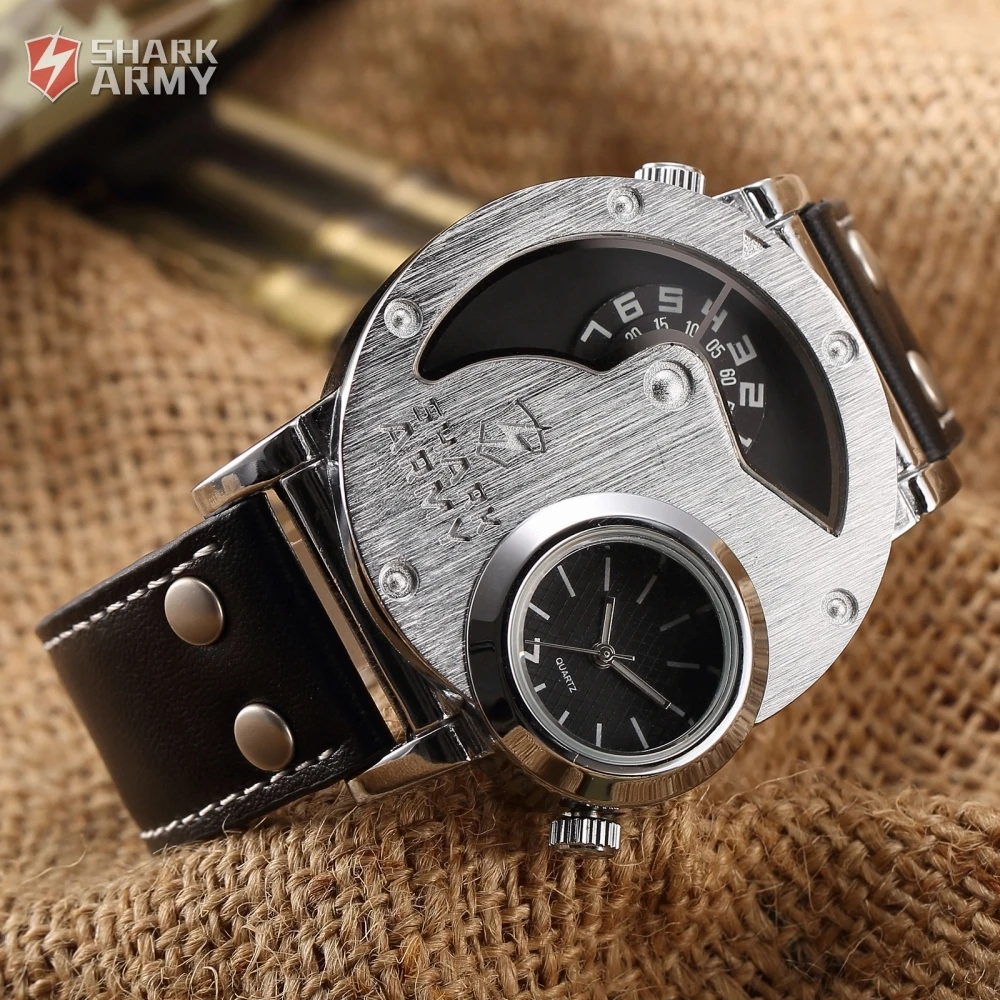SHARK ARMY Stainless Steel Big Size Dual Time Black Leather Strap Quartz Relogio Masculino Men's Sport Military Watches /SAW053