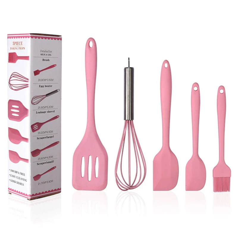 

5Pcs/Set Pink or Red Silicone Cooking Tool Sets Egg Beater Spoon Spatula Oil Brush Kitchenware Kitchen Utensils Sets with Box