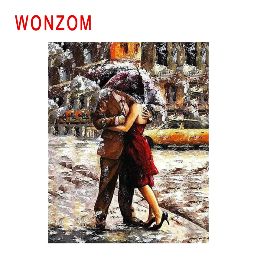 WONZOM Hugging Couples Diy Painting By Numbers Rain Street Oil Cuadros Decoracion Acrylic Paint On Canvas Modern Art | Дом и сад