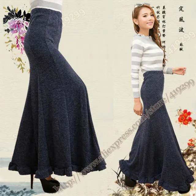 Autumn And Winter Full Vintage Fashion Casual Stretch Knitted Maxi Skirts Gray Blue Black Fishtail Autumn And Winter Full Vintage Fashion Casual Stretch Knitted Maxi Skirts Gray Blue Black Fishtail