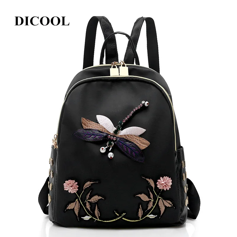 

DICOOL 2018 Handmade Embroidery Dragonfly Women Backpack Fashion Designer 3D Diamond Shoulder Bag Retro Female Bag Oxford