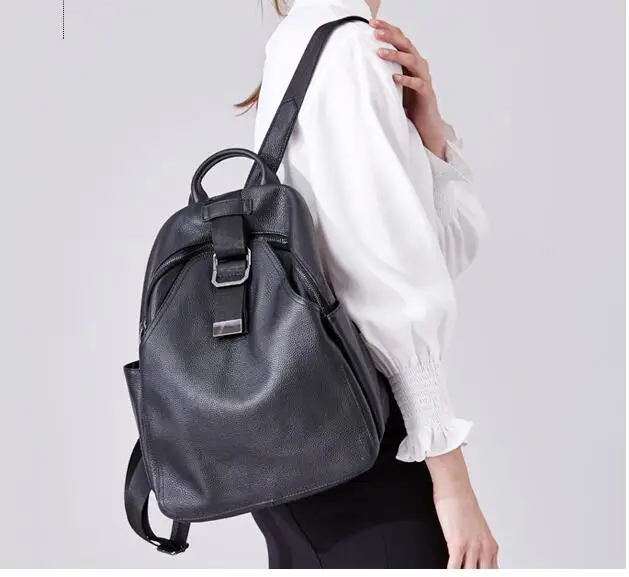 

Genuine leather black soft cow skin large capacity backpack school bag