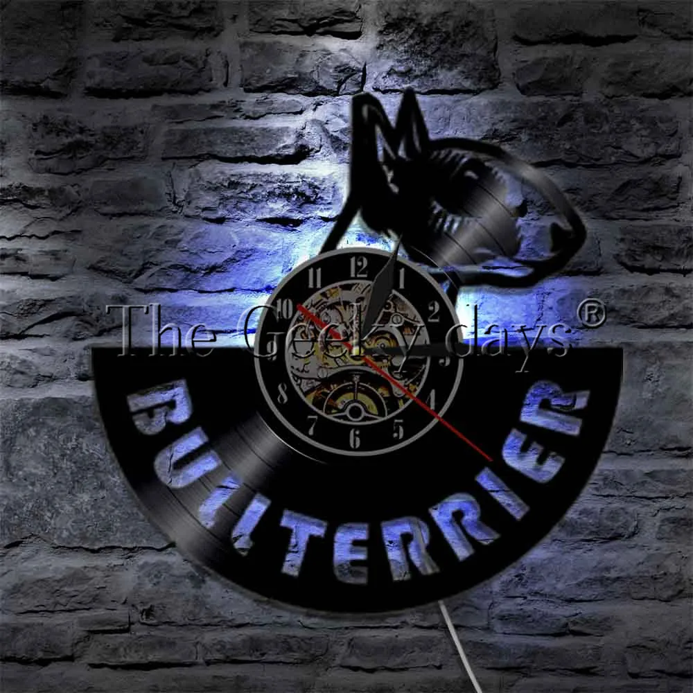 1Piece English Bull Terrier Breed Vinyl Record Wall Clock With LED illumination Pet Dog Puppy Wall Hanging Decorative Lighting 1Piece English Bull Terrier Breed Vinyl Record Wall Clock With LED illumination Pet Dog Puppy Wall Hanging Decorative Lighting