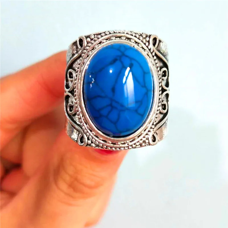 JUNXIN Blue Moonstone Oval Big Rings For Mens Antique 925 Silver Filled Christmas Fashion Jewelry Boho Wide Wedding Ring Male