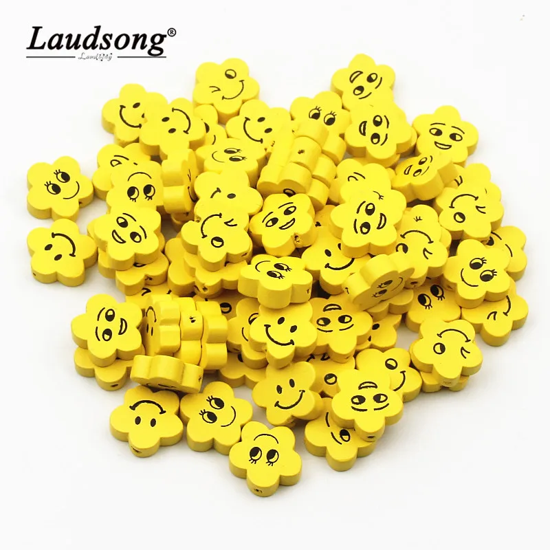 

20mm 30Pcs /Lot Yellow Smiley Face Natural Wood Beads For Jewelry Making Bracelet Pacifier Chain Spacer Beaded DIY
