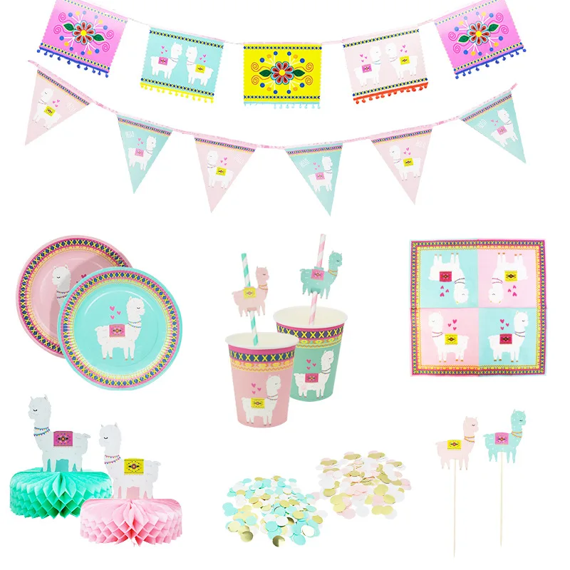 8Pcs Alpaca Paper Cups Disposable Pink Light Green Tableware Paper Straws Cup Plates Kids Birthday Party Decoration PAT96 (3)
