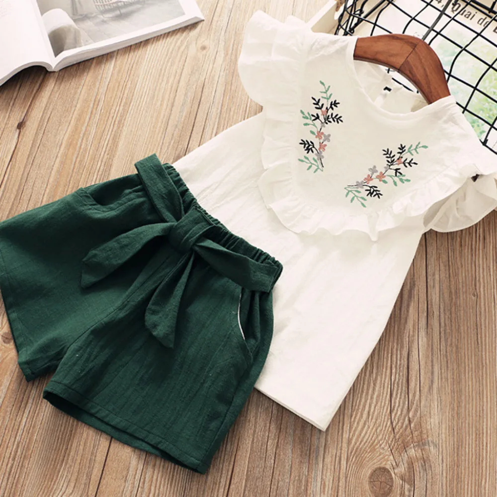 

Girls Clothing Sets Summer Fashion Floral T-shirt Vest+Belt Shorts Pants Set Vetement Enfant Fille Meisjes Kleding Summer 2019