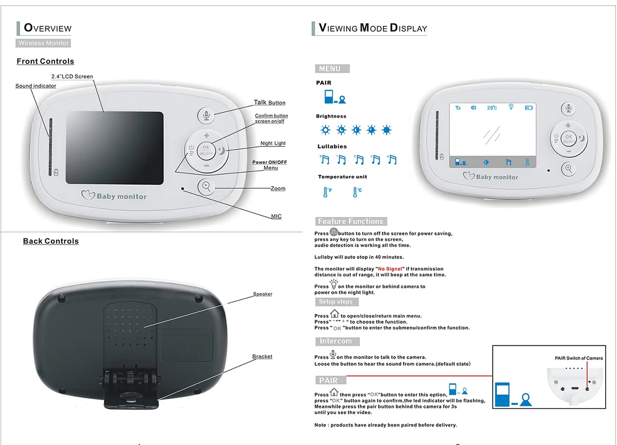 2,4 дюймовый ЖК-монитор для сна, детский монитор, беспроводной видео-монитор для младенца, камера ночного видения, видео, уход за ребенком, няня, безопасность