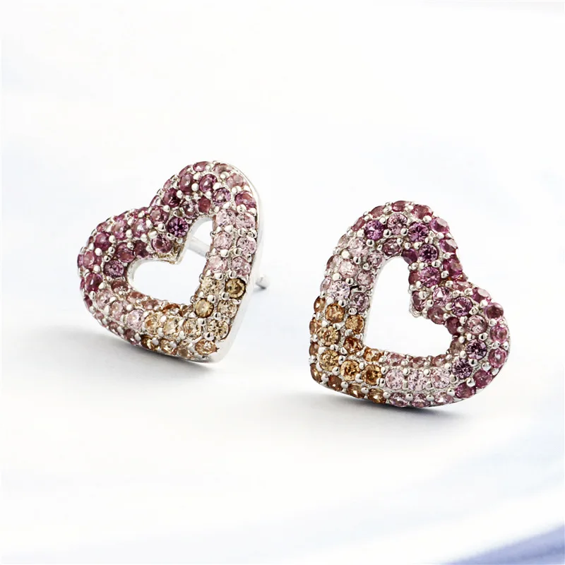 sweet hollow heart colorful zircon earring 100% 925 Sterling silver Jewelry fashion Hypoallergenic Stud earrings for women gift