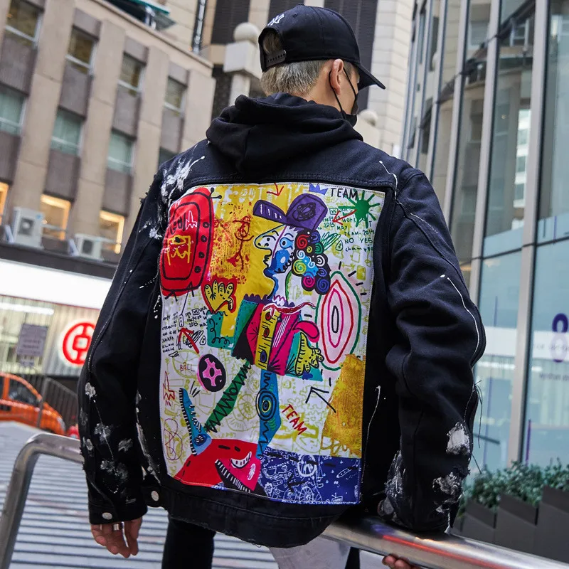 Graffiti Appliques denim jacket men hip hop streetwear Art Gone Mad printed jeans jacket rapper rock fashion brand jacket coats Graffiti Appliques denim jacket men hip hop streetwear Art Gone Mad printed jeans jacket rapper rock fashion brand jacket coats
